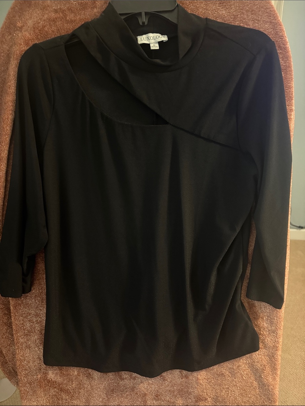 Luxology Black Asymmetric Cutout Mock Neck Top